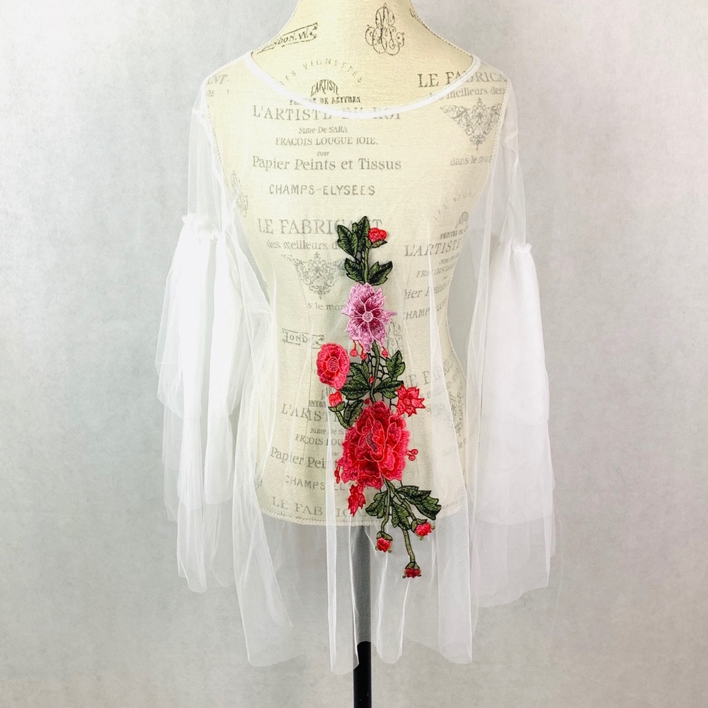 Cleo White Sheer Flower Ruffle Sleeve Plus Top 3X